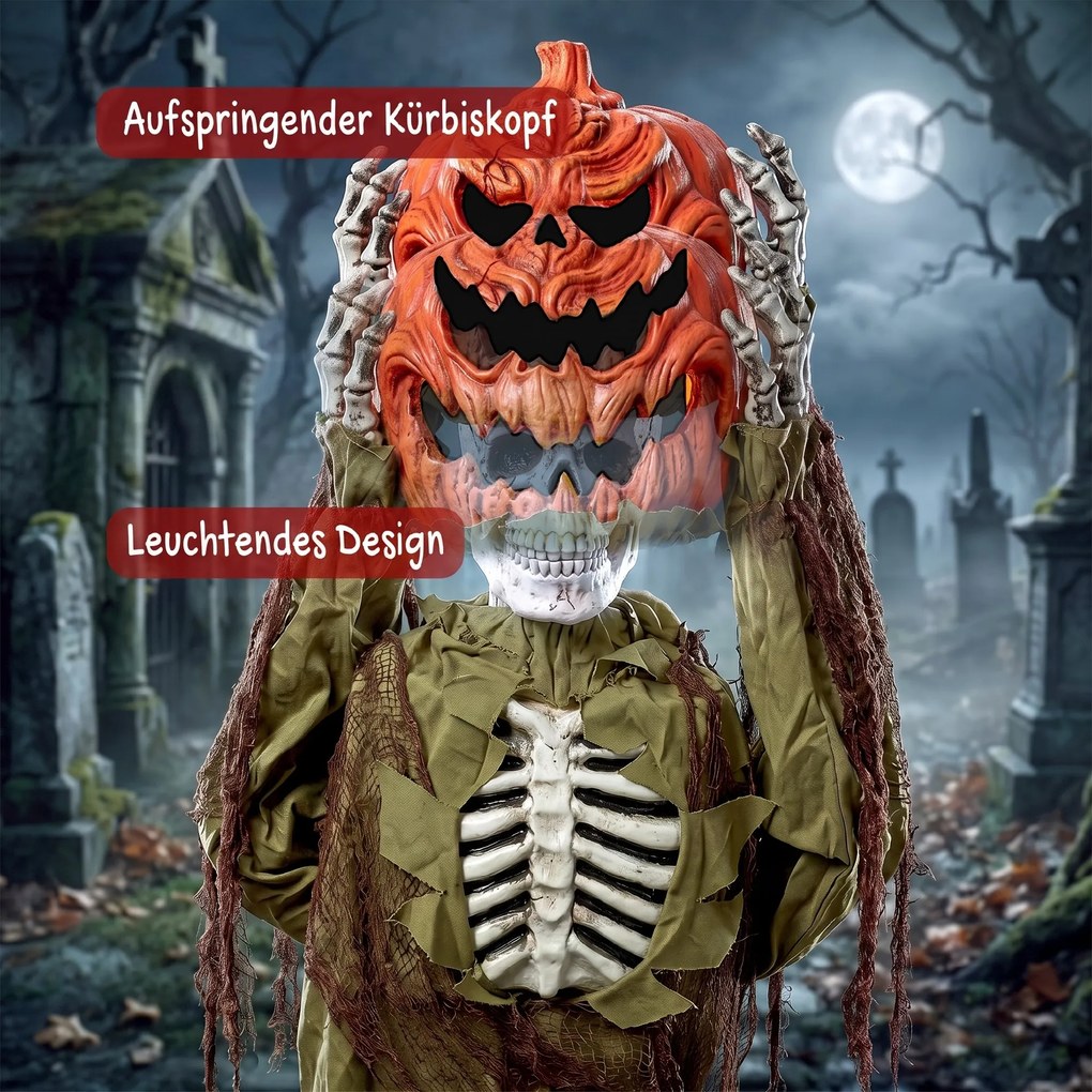HOMCOM Animowany wyskakujący dyniowy szkielet, 173 cm, przerażająca dekoracja Halloween z oświetleniem oraz aktywacją dźwiękową i dotykową | Aosom PL
