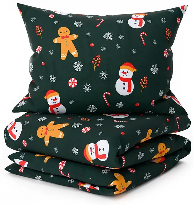 PrzytulneMieszkanie.pl PrzytulneMieszkanie.pl Flanelowa pościel z mikrofibry SNOWMAN AND GINGERBREAD zielona Rozmiar pościeli: 2 szt 70 x 90 cm | 200 x 220 cm