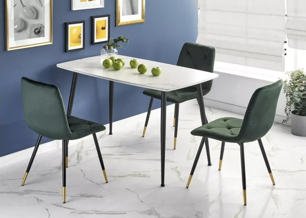 Stół Siena 120x70 cm – Nowoczesny Stół z Białym Blatem Marmurowym z MDF lakierowanego i Stylowymi Czarnymi Nogami do Jadalni