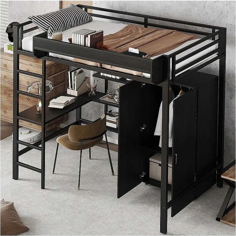 Łóżko mezzanine 90x200 cm - z biurkiem - z szafą - z wieloma schowkami - z drabiną 5 stopni - metal + płyty wiórowe - czarne (bez materaca)