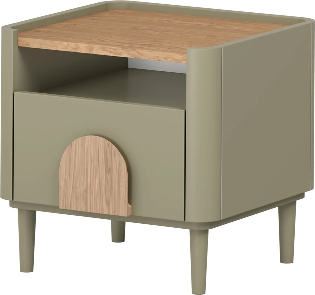Szafka nocna Amilio z szufladą 50 cm na nóżkach - eukaliptus / dąb baltic dune / uchwyty dąb naturalny