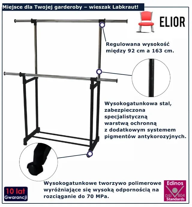 Podwójny regulowany czarny wieszak na kółkach T7-E05