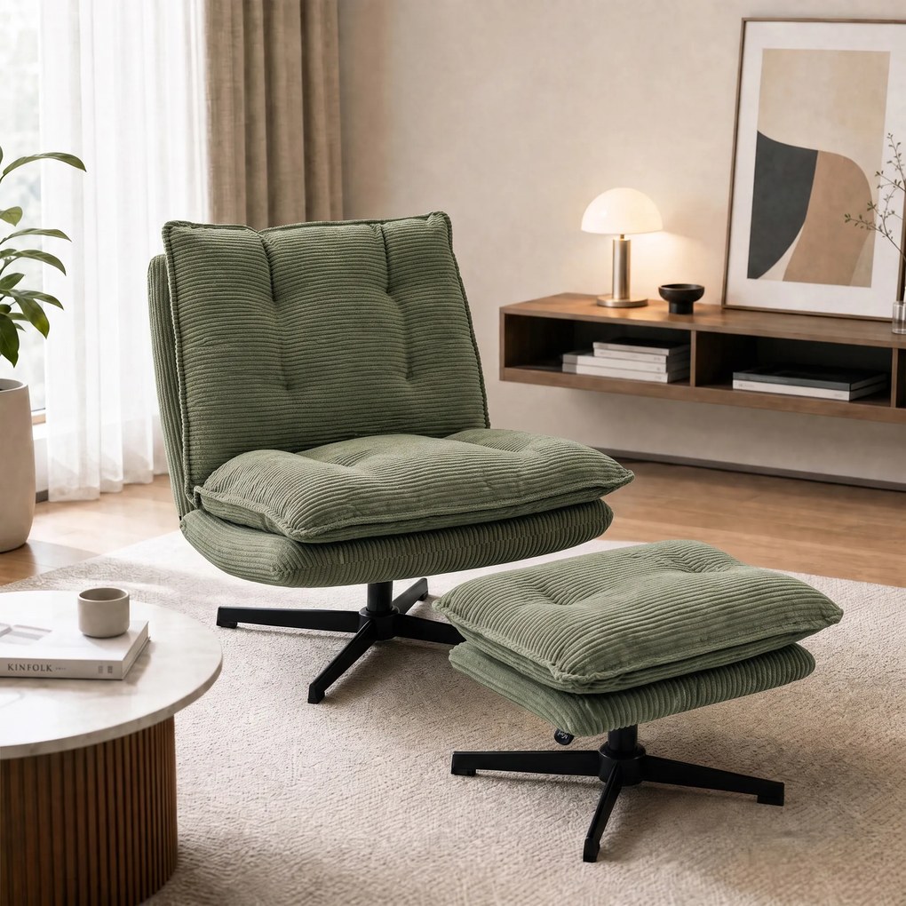HOMCOM Fotel lounge z podnóżkiem, 360° obrotowy, tapicerka cord, regulowany podnóżek, Grün | Aosom PL