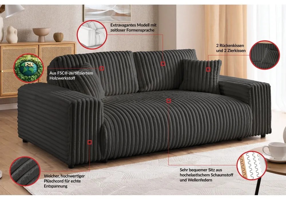 Ciemnoszara sztruksowa sofa 178 cm Justin – Ropez