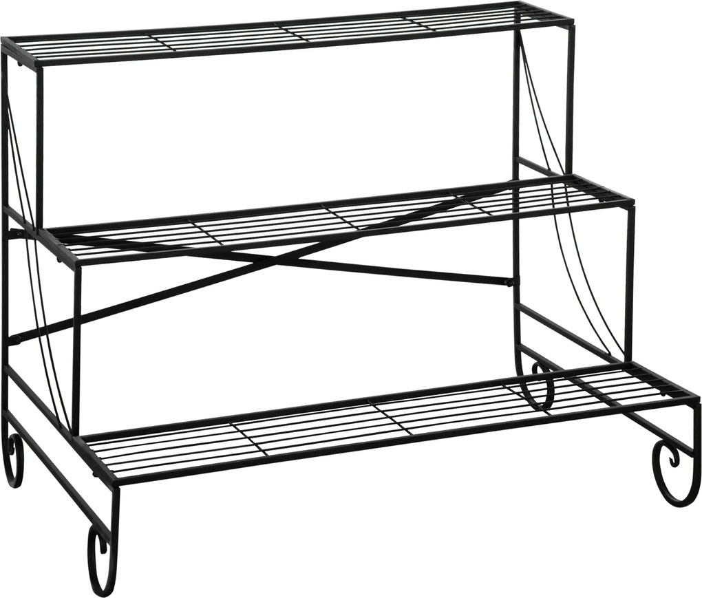 Outsunny Regał na kwiaty 3-poziomy Metalowy stojak na rośliny Do wnętrz i ogrodu Czarny 95x63x72cm | Aosom PL