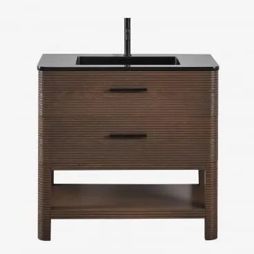 Zestaw Mebli Łazienkowych Z Drewna Z Wbudowaną Umywalką Misene Ciemna Czerń & Bezlusterkowiec & Czarny Matowy ↑20 - Sklum