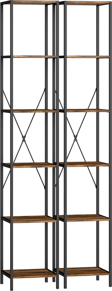 HOMCOM Zestaw 2 regałów 6-poziomowych, rama stalowa, do salonu, biura, sypialni, Rustykalny-Brąz