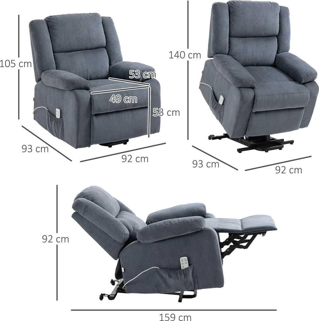 HOMCOM Fotel relaksacyjny z funkcją podnoszenia i pilotem welur szary 92x93x105 cm | Aosom PL