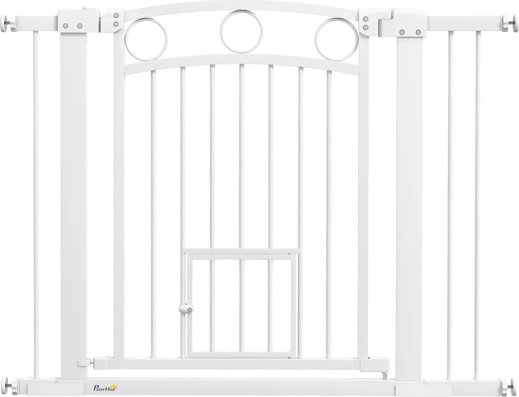 PawHut Bramka zabezpieczająca dla zwierząt, 77 cm, regulowana szerokość 76-104 cm, z drzwiami dla kota, do schodów i drzwi, biały