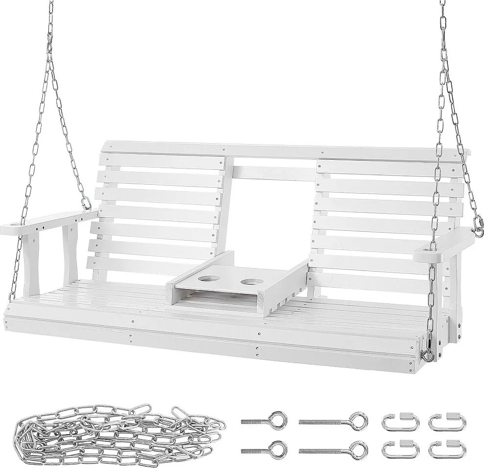 Huśtawka na Przedpokój SucceBuy, z Drewna o Długości 152,4 cm, Krzesło Zawieszone do Ogrodu, Patio lub Tarasu, Biały