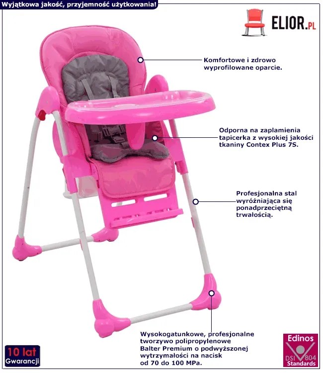 Różowe regulowane krzesełko do karmienia W2-K60