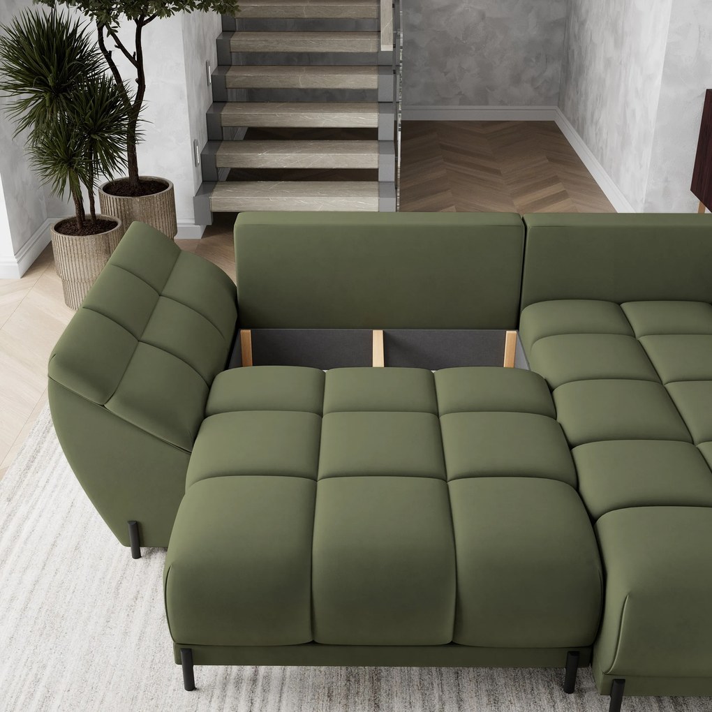 Masseno Narożnik VESTANO z funkcją spania i pojemnikiem na pościel Narozniki L, Rozkładana sofa - Zielony, MATT VELVET 38