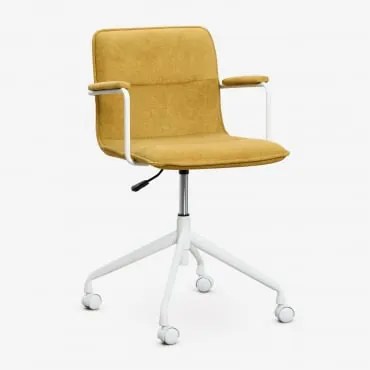 Krzesło Biurowe Na Kółkach Z Podłokietnikami Seifert Biały & Tkaniny Musztarda & Tela - Sklum