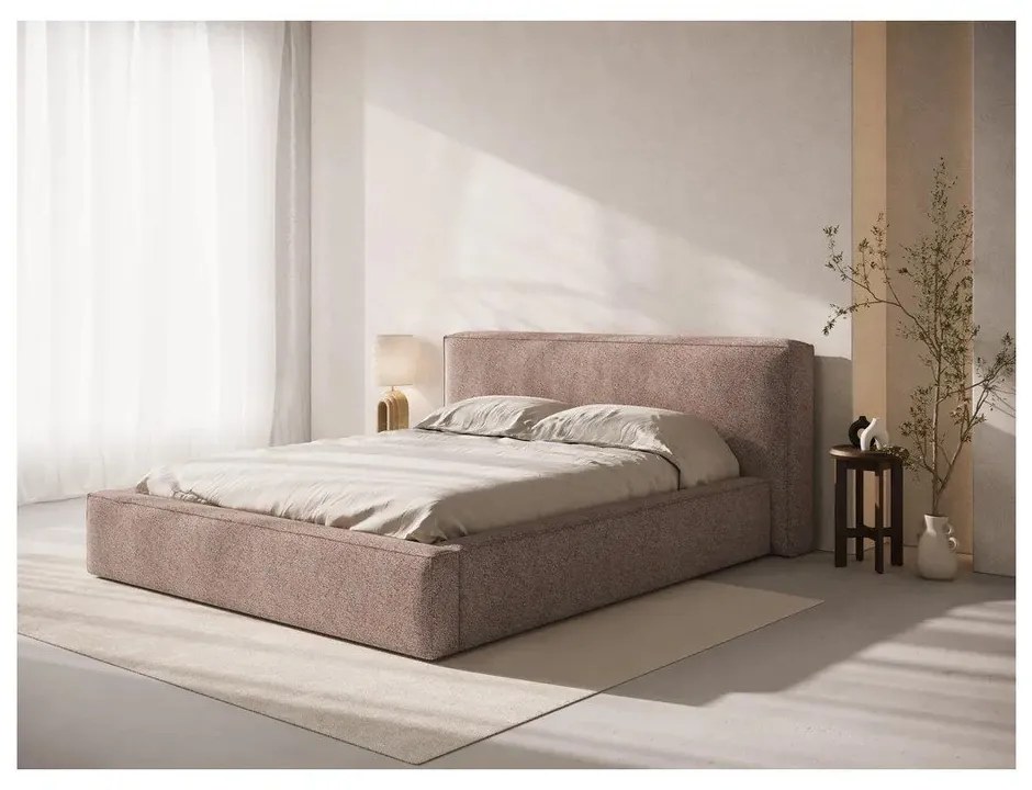 Jasnoróżowe tapicerowane łóżko dwuosobowe ze schowkiem ze stelażem 200x200 cm Simon Olivia – Micadoni