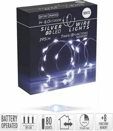 Drut świetlny z timerem Silver lights 80 LED, zimna biała, 395 cm