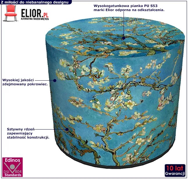 Okrągła tapicerowana niebieska pufa z drzewkiem H0-A50