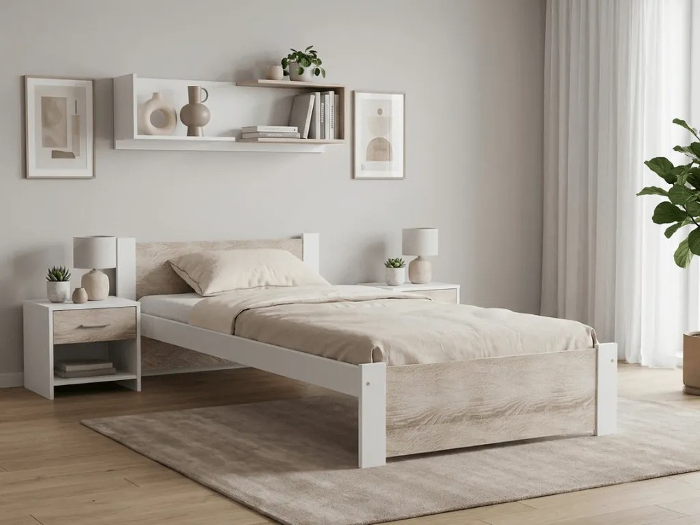 Łóżko IKAROS 90 x 200 cm, białe/dąb sonoma Stelaż: Ze stelażem listwowym rolowanym elastycznym, Materac: Materac Coco Maxi 20 cm