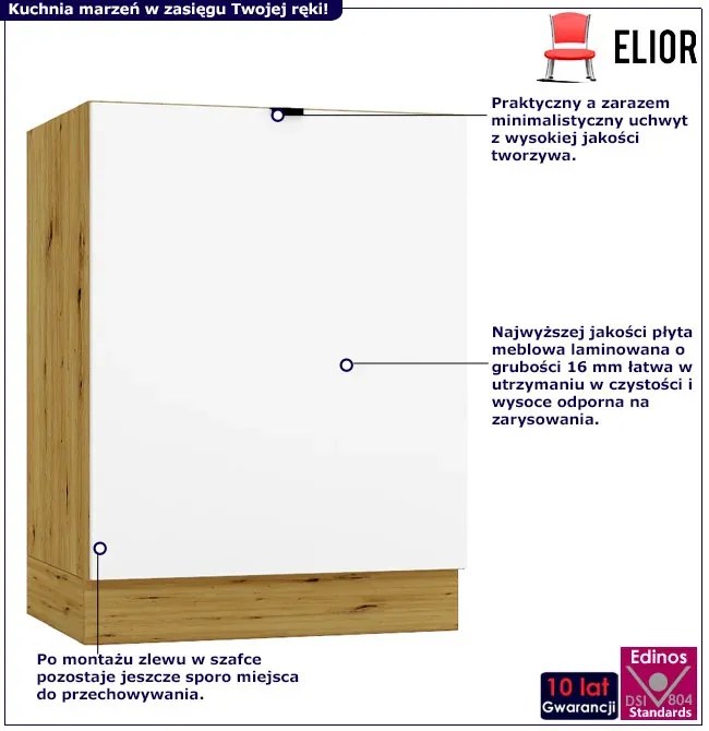 Jednodrzwiowa szafka kuchenna pod zlew 60 cm biały + dąb artisan W0-H37