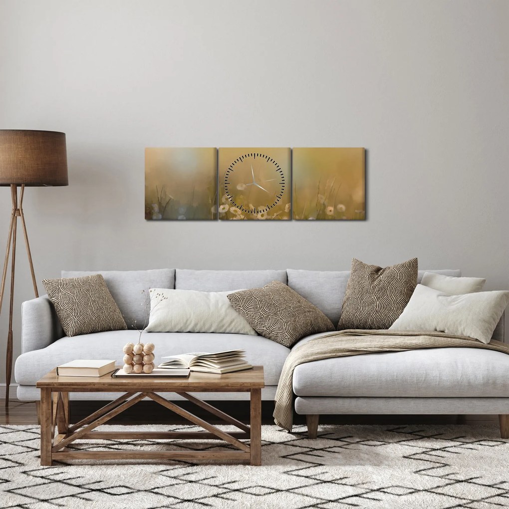 Obraz - Obraz olejny stokrotek (z zegarem) (90x30 cm)