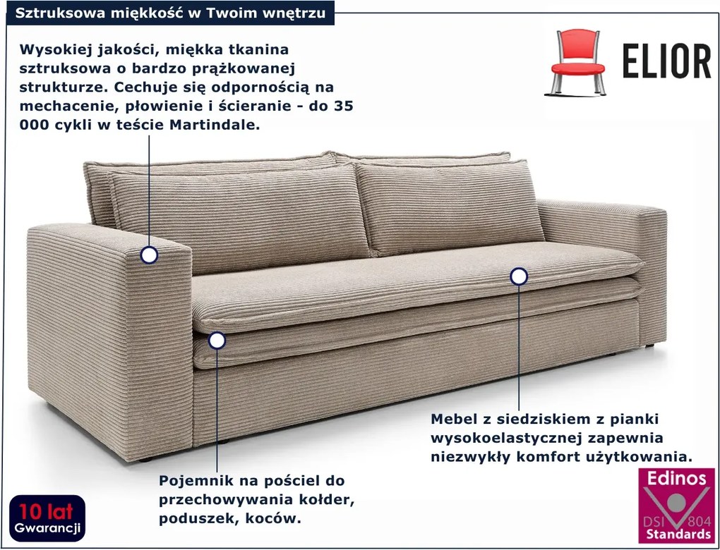 Beżowa sofa sztruksowa z funkcją spania D2-H36