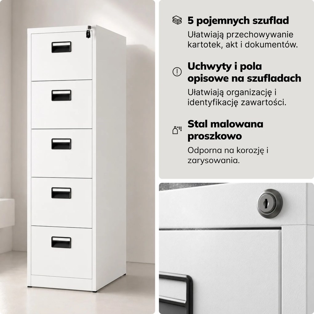 Szafa kartotekowa metalowa z 5 szufladami biała, 460x1625.5x600 mm: SARA V5
