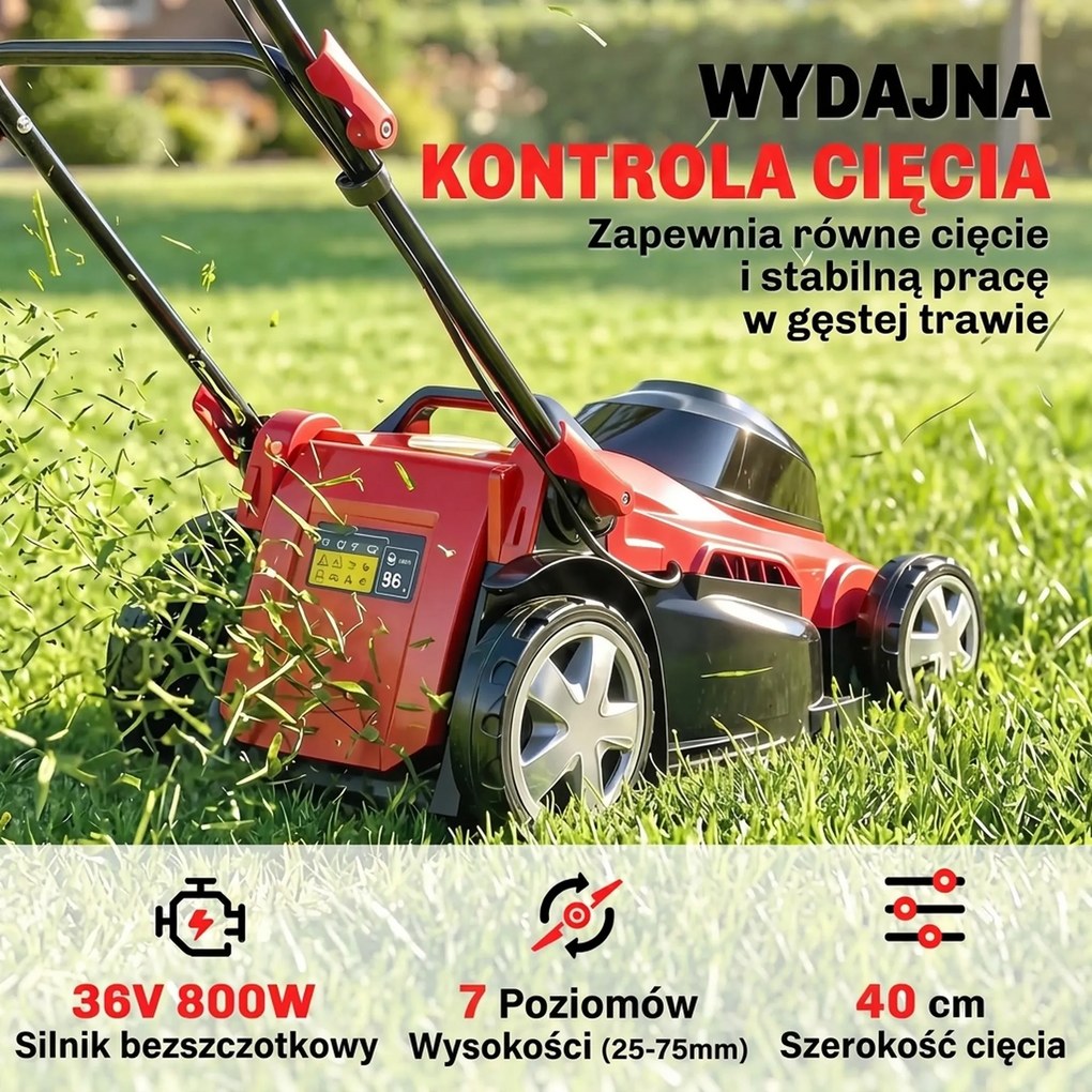 Outsunny Elektryczna Kosiarka 800 W z szerokością cięcia 40 cm, pojemnik na trawę 45 l, wskaźnik akumulatora, ochrona przed przeciążeniem, 7 wysokości cięcia | Aosom PL