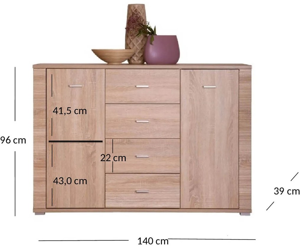 Komoda Dwudrzwiowa z Szufladami Drewniana do Salonu COREA 140 cm Dąb Sonoma Nowoczesna