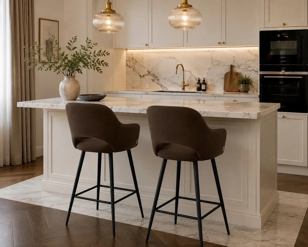 Hoker Milano krzesło barowe tkanina Welur podstawa metalowa elegancki klimat wnętrza : Kolor nogi - Czarna stożek, Kolor tkaniny - VELVET - MG05, Typ siedziska - Siedzisko obrotowe 360°