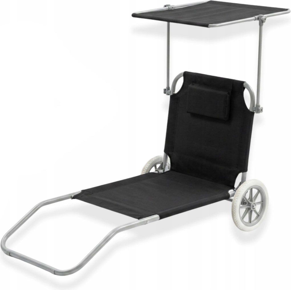 Leżak plażowy Solmare z daszkiem i kołami - składany leżak ogrodowy, czarny