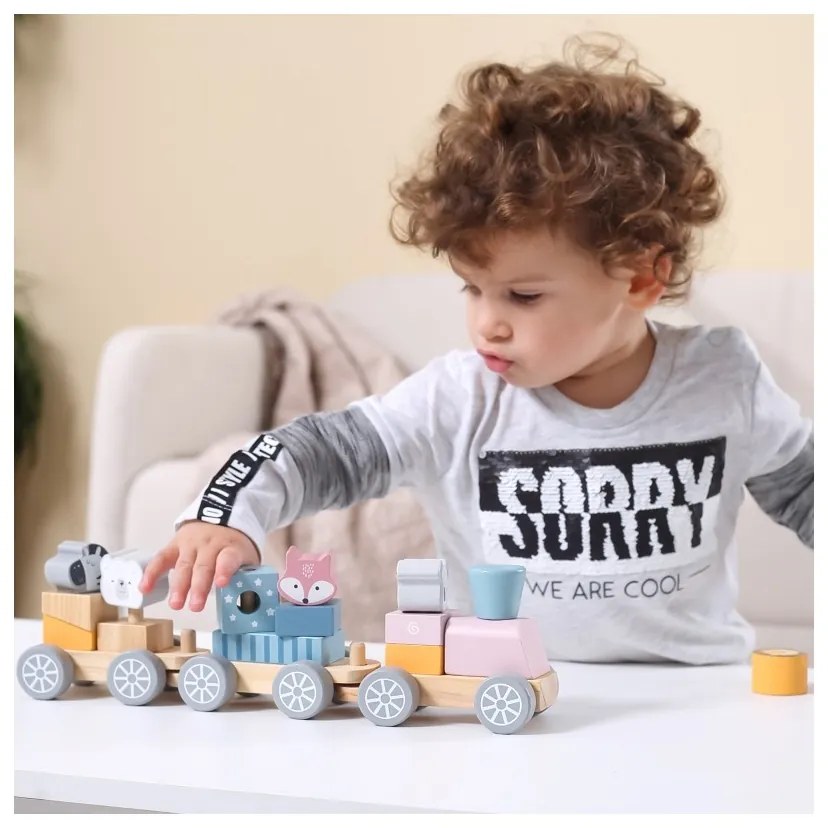 Viga polarb drewniana kolejka z wagonikami i zwierzątkami do ciągnięcia montessori