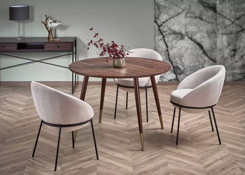 Okrągły stół Hestiano 110 cm w kolorze orzechowym z MDF i złotymi detalami do jadalni