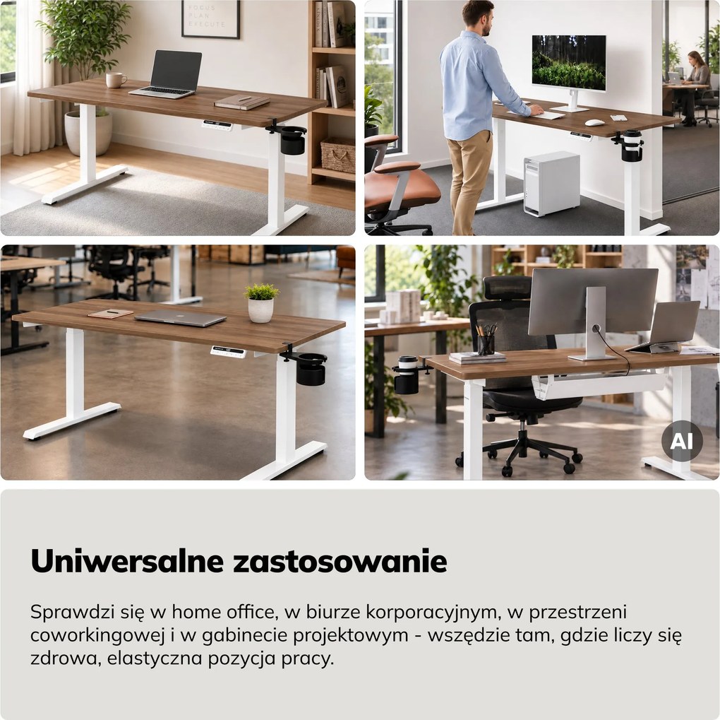 Biurko elektryczne z regulacją wysokości ergonomiczne białe/orzech,1400x700 mm: ARIA