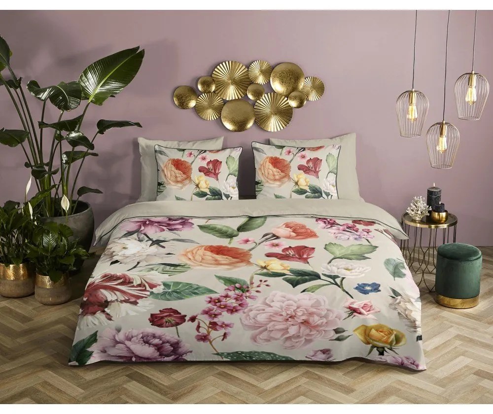 Beżowa pościel dwuosobowa z satyny bawełnianej 200x220 cm Fiori – Descanso
