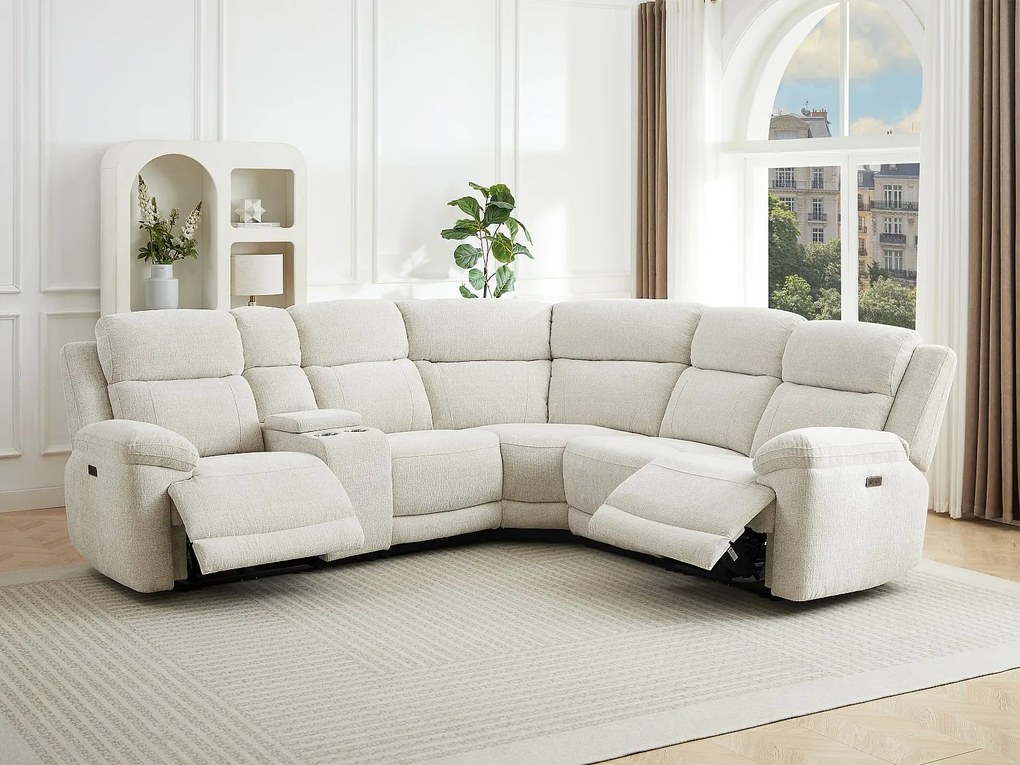 Kanapa narożna elektryczna relaksacyjna z półką z tkaniny melanżowej beżowej KELUNO