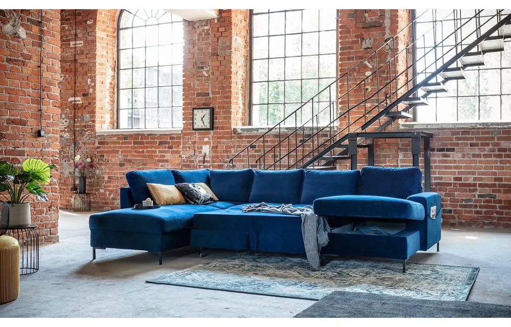 Granatowa aksamitna rozkładana sofa w kształcie litery "U" Miuform Lofty Lilly, lewostronna