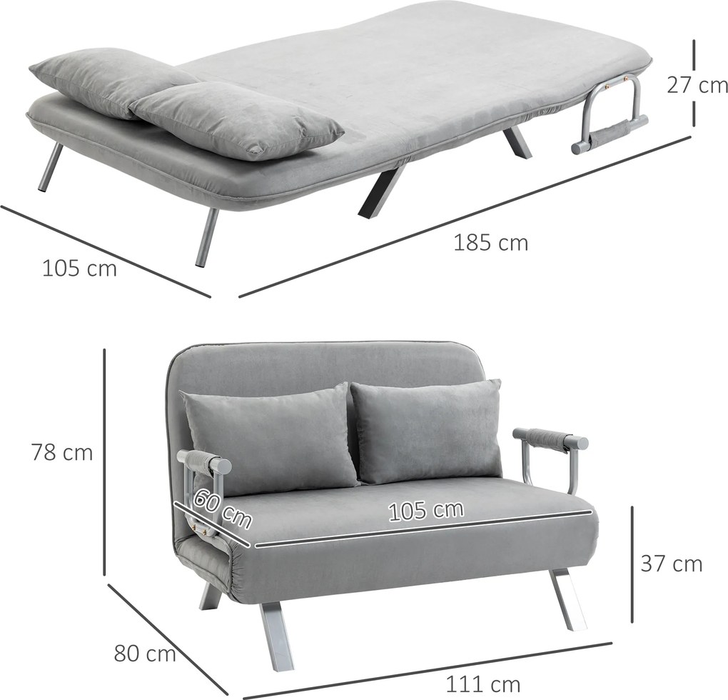 HOMCOM sofa rozkładana dwuosobowa z funkcją spania kanapa aksamitna jasnoszara do salonu i sypialni | Aosom PL