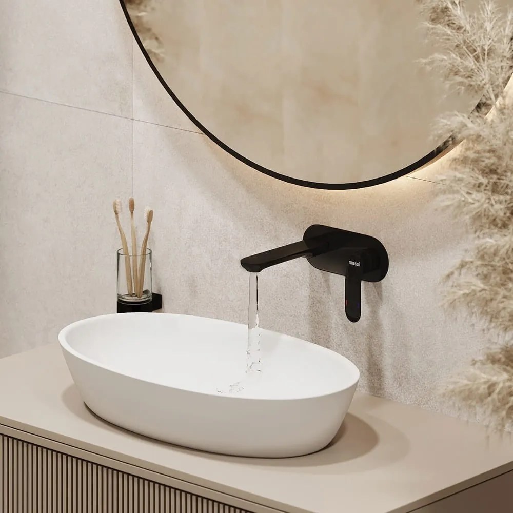 Umywalka nablatowa owalna z konglomeratu biała błyszcząca bez otworu na baterię 60 x 35 cm RONA white Glow