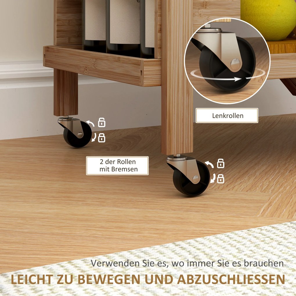 HOMCOM Wózek kuchenny na kółkach, z 3 półkami na wino, 2 tacami, do kuchni, jadalni, drewno bambusowe, jasnobrązowy