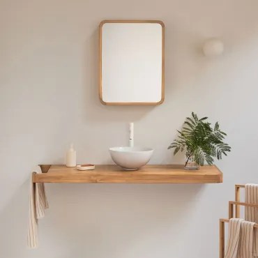 Zestaw Mebli Łazienkowych 130x45 Cm Wiszący Z Drewna Tekowego Neill Drewno Tekowe & Biała ↑30 Cm Z Zaworem Spustowym Bez Przelewu Orveta & Okrągły Bia