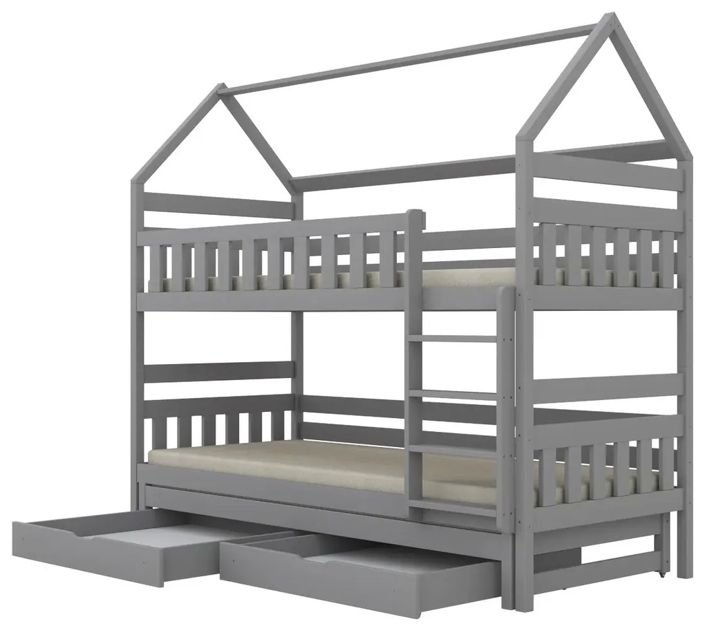 Łóżko piętrowe domek FELIKS 200x90 szare drewniane trzyosobowe z szufladami KOCOT KIDS