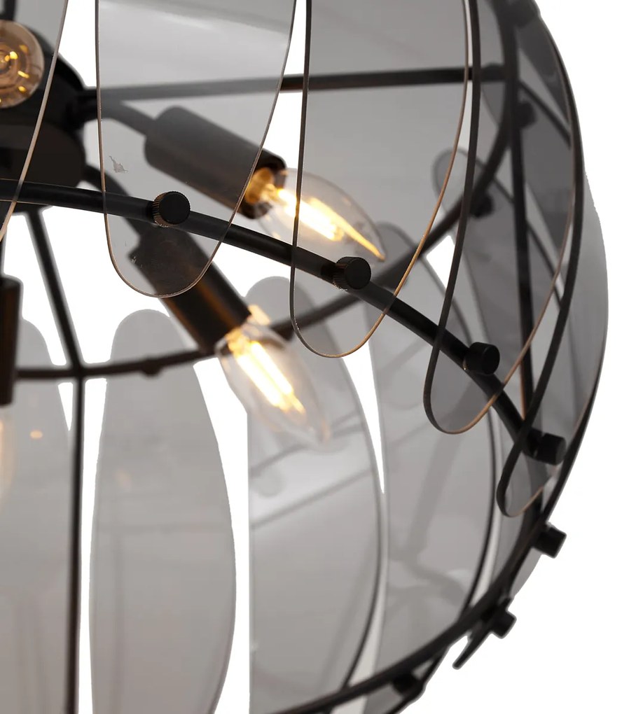 Designerska lampa wisząca czarna z okrągłym przydymionym szkłem, 6-punktowa - Mochan Nowoczesny Oswietlenie wewnetrzne