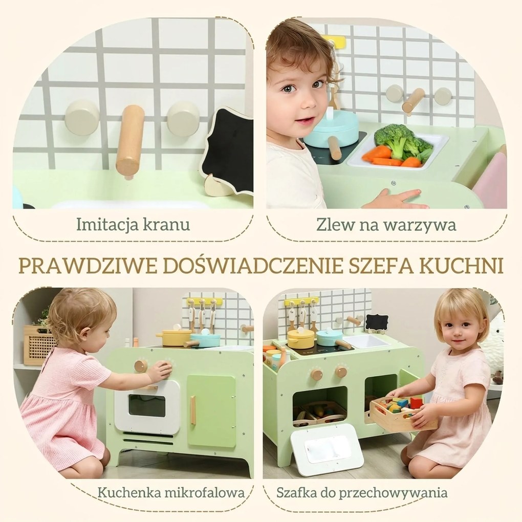AIYAPLAY zestaw kuchni dla dzieci, MDF, 15 akcesoriów, szafki, 40 cm, od 3 lat, zielony