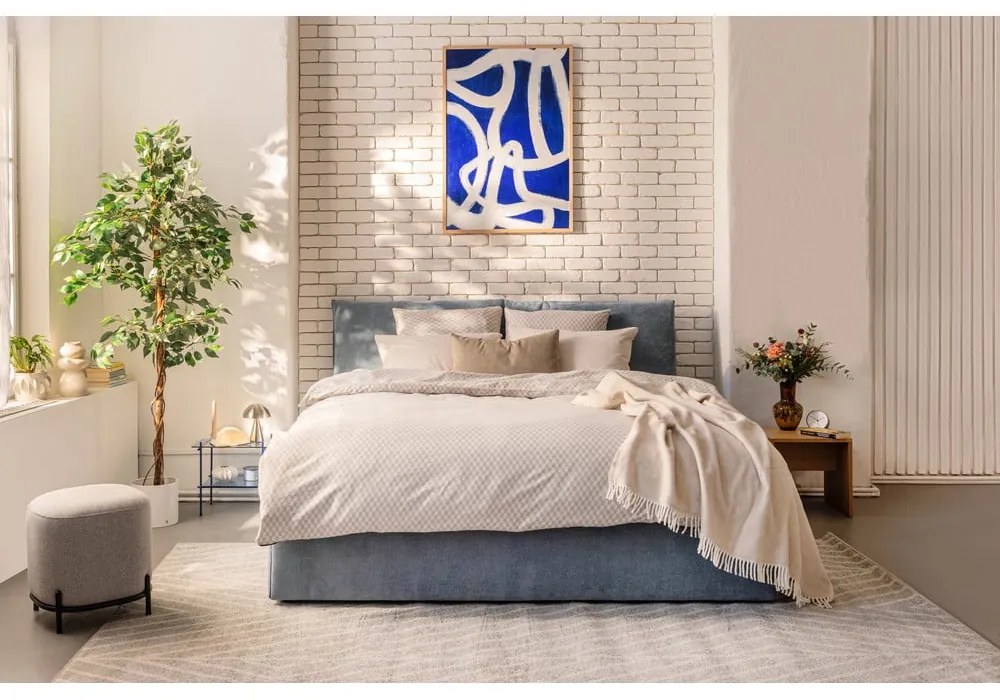 Niebieskie tapicerowane łóżko podwójne z miejscem do przechowywania z materacem/kratką 160x200 cm Thessa Pillow - Bonami Selection