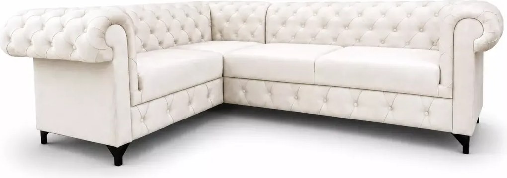 Pikowany narożnik Chesterfield Asti z wywiniętymi podłokietnikami i funkcją spania