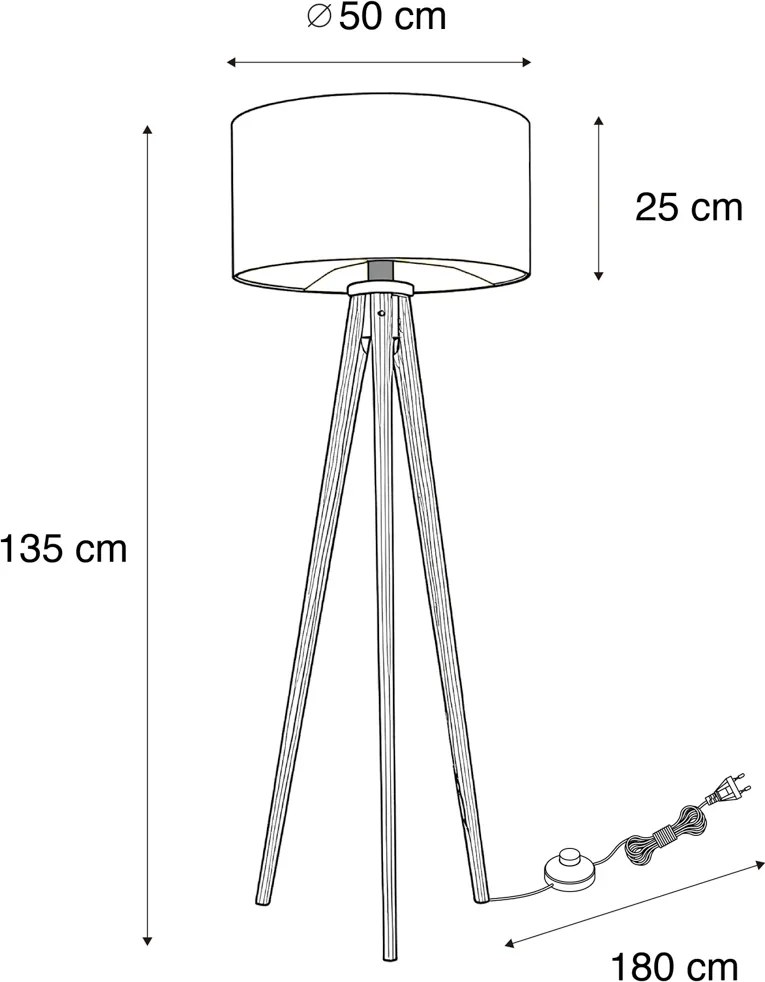 Lampa podłogowa z drewna orzechowego z czarnym kloszem i złotym wnętrzem 50 cm - Tripod Classic