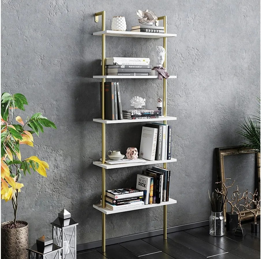 Efektowna półka z metalowymi nogami, biało-złota, 60 x 22 x 174 cm | Powłoka 100% melaminy, grubość 18 mm | Możliwość montażu na ścianie, el