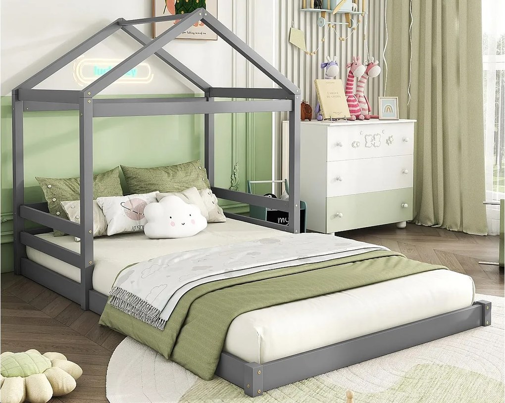 Łóżko piętrowe 140x200cm z litego drewna - z stelażem na listwy - Szare (materac nie wchodzi w skład)