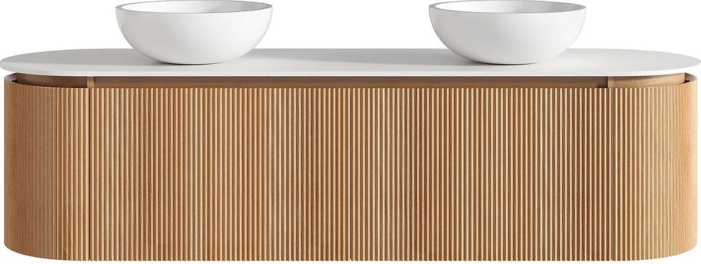 Wisząca ryflowana szafka łazienkowa z dwiema okrągłymi nablatowymi umywalkami z solid surface – jasny naturalny – szer. 180 cm – LILIKO