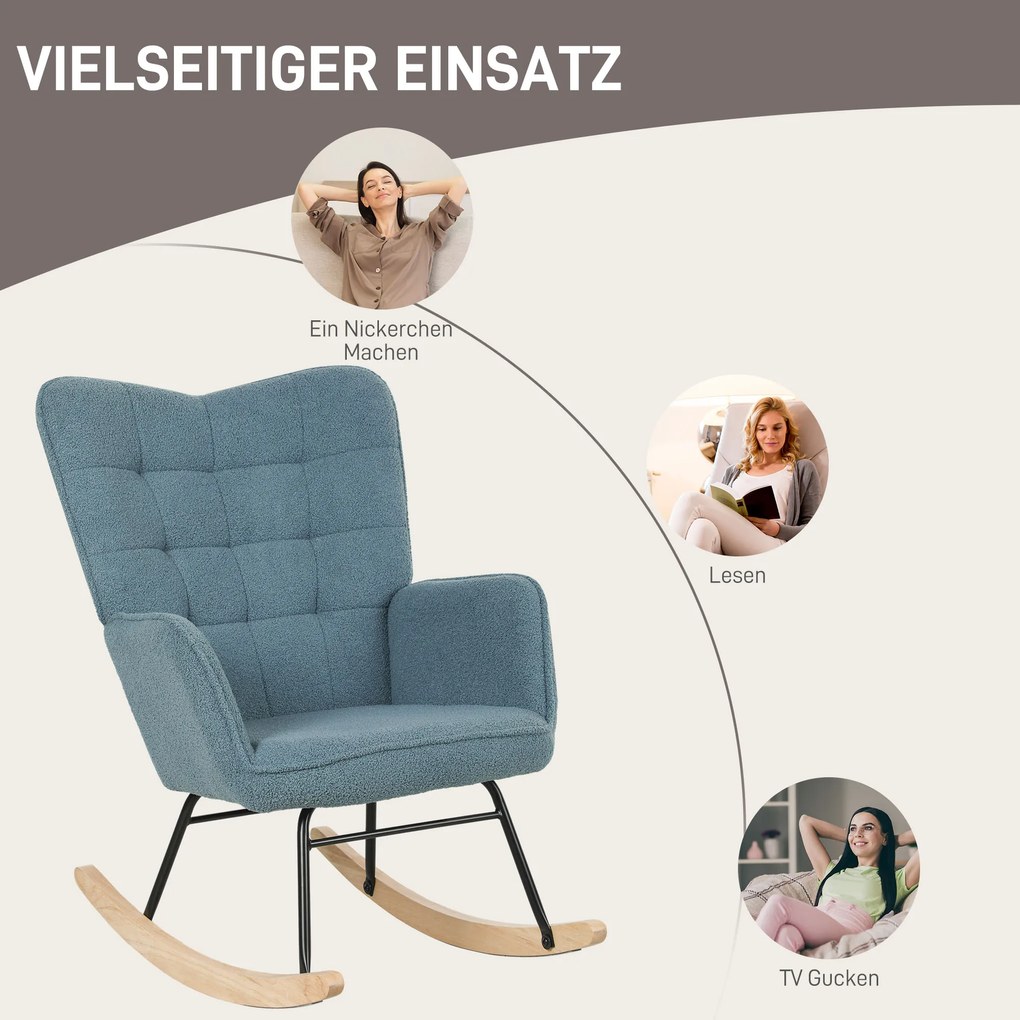 HOMCOM Fotel bujany ergonomiczny z drewnianymi płozami do 120 kg jasnoniebieski | Aosom PL