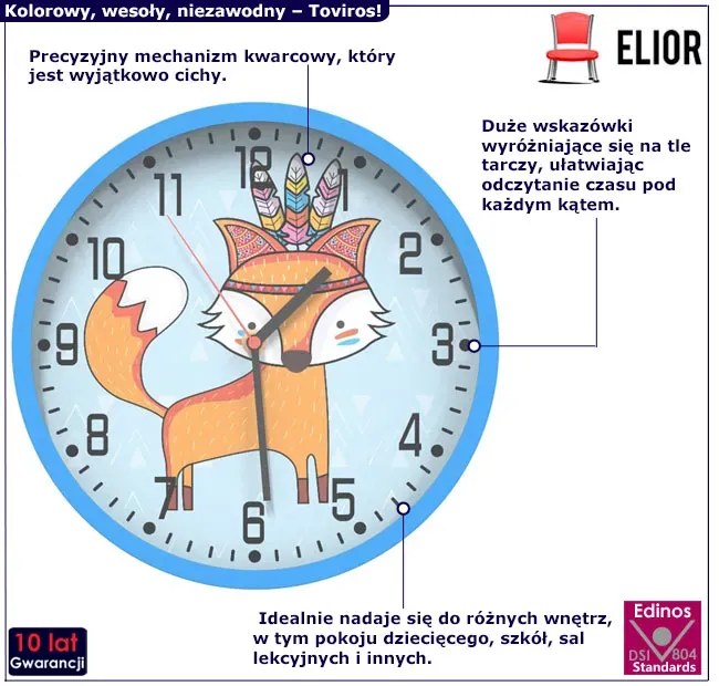 Niebieski zegar ścienny z lisem F5-P88